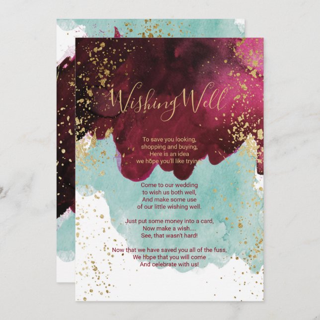 Marsala röd teal akvarell guldönskebrunn inbjudningar (Fram/baksida)