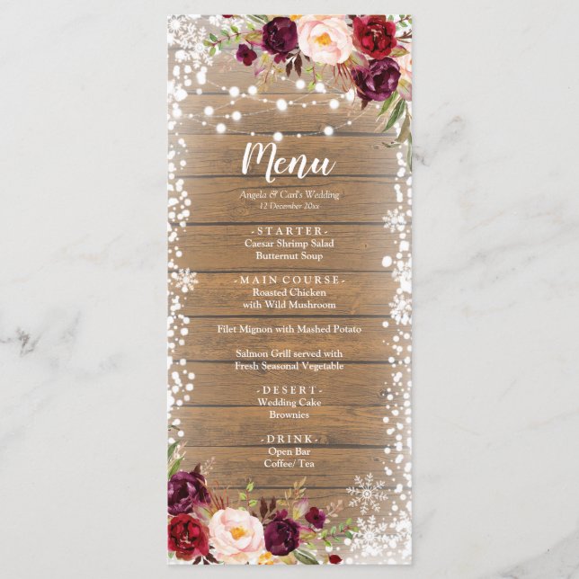 Marsala Romantic Rustic Winter Wedding Menu Meny (Framsida)