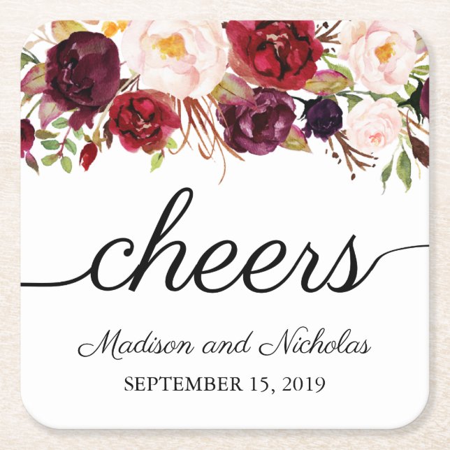 Marsala & Rosa Blommigt Bröllop Pappra Underlägg (Framsidan)