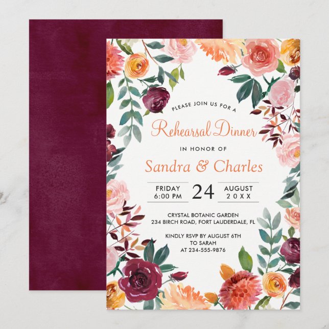 Marsala Rosa botaniskt rehearsal Dinner Card Inbjudningar (Fram/baksida)