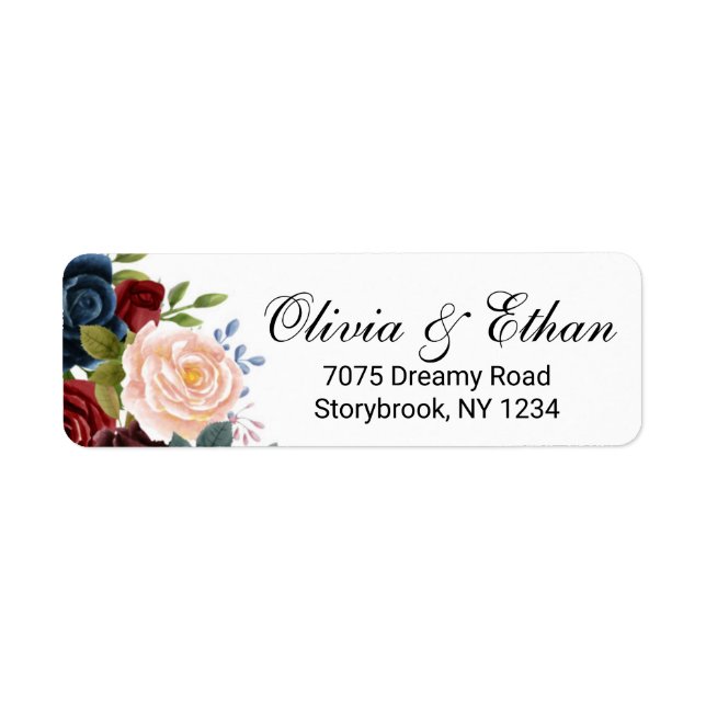 Marsala Rosa Navy Blommigt Returadress Etikett (Framsidan)