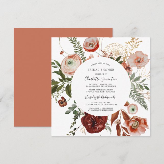 Marsala Rosa Orange Blommigt Möhippa Inbjudningar (Fram/baksida)