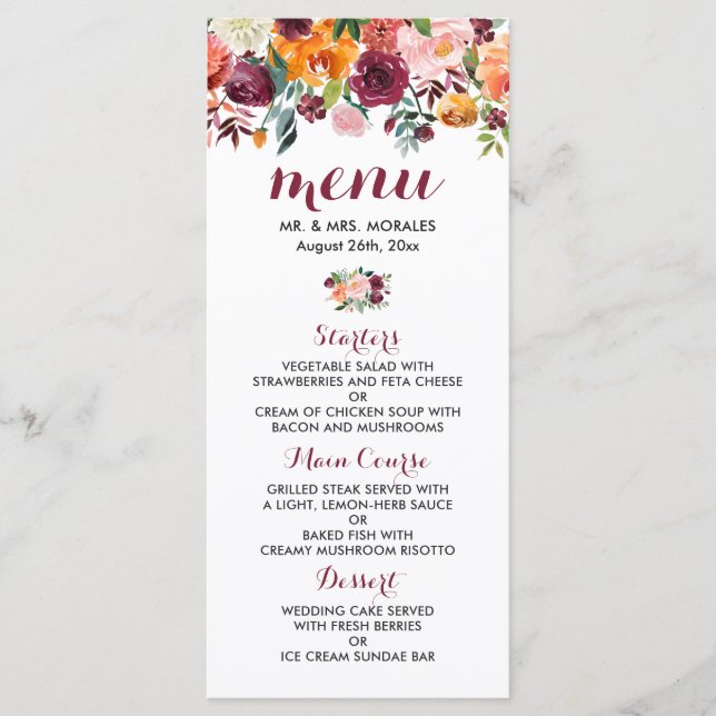 Marsala Rosa Orange Botanical Garden Wedding Menu Meny (Framsida)