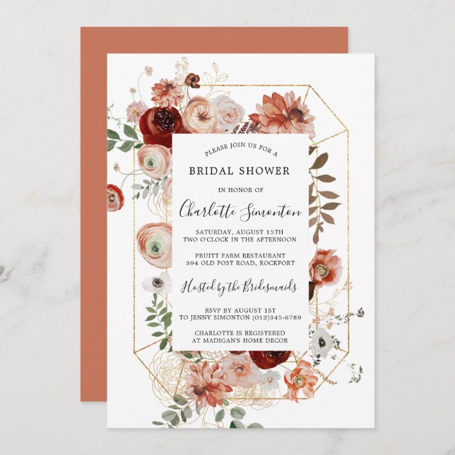 Marsala Rosa Terracotta Blommigt Möhippa Invit Inbjudningar (Fram/baksida)