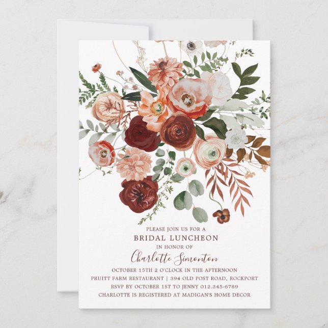 Marsala Rosa Terracotta Blommigt Möhippa Luncheon  Inbjudningar (Framsida)