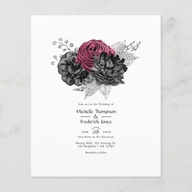 Marsala, svart och silver blommande bröllop flygblad (Framsidan)