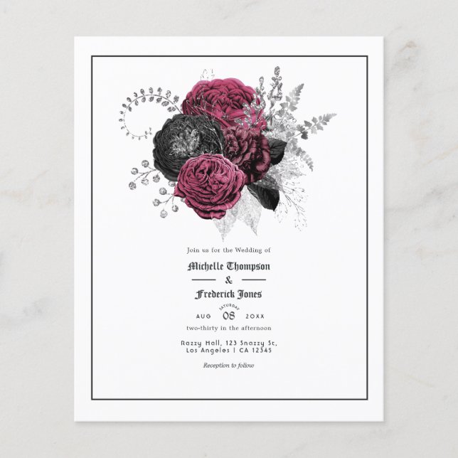 Marsala, svart och silver floral gotiskt bröllop flygblad (Framsidan)