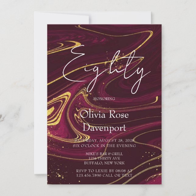 Marsala Vin Guld Alcohol Bläck 80:e Födelsedagsfes Inbjudningar (Framsida)