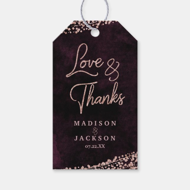 Marsala Vin & Ro Guld Bröllop Kärlek och tack Presentetikett (Framsidan)