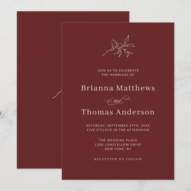 Marsala Vin Simple Elegant Fall Wedding Inbjudningar (Fram/baksida)