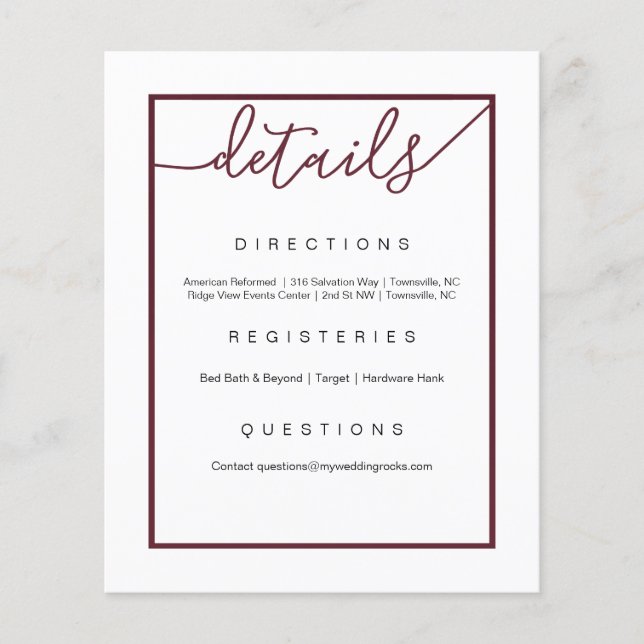 Marsala Wedding Details Flyer, Wine Accents Flygblad (Framsidan)