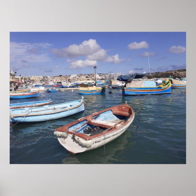 Marsaxlokks fiskebåtar Malta Poster (Framsidan)