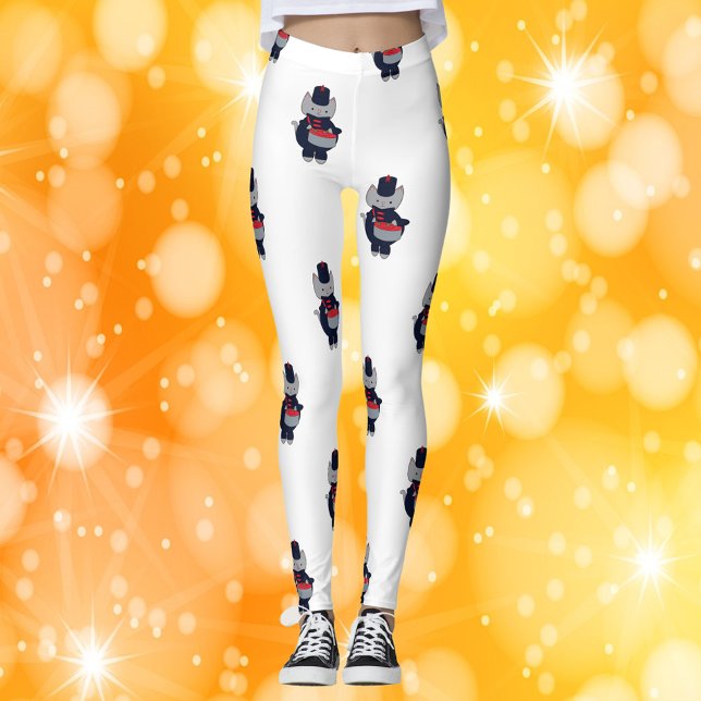 Marscherande orkester Trumma Marinblå Röd Leggings (A pair of leggings featuring a pattern of gray cats wearing a navy blue & red marching band uniform.)