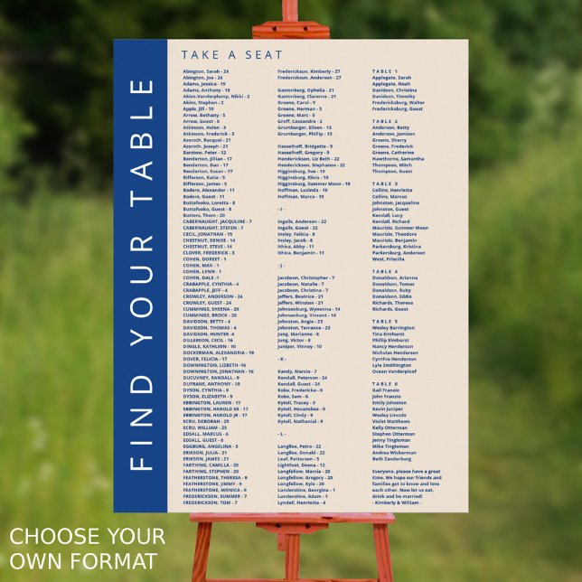 Marseille Bleu 210 Sittdiagram för gäster Bröllop Poster (Marseille Bleu Modern Wedding Seating Chart Alphabetical Up To 210 Guests Pick Your Own Format)