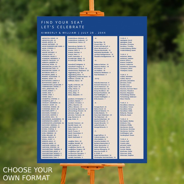 Marseille Bleu 240 Sittplatsdiagram för gäster Brö Poster (Marseille Bleu Modern Wedding Seating Chart Alphabetical Up To 240 Guests Choose Your Own Format)