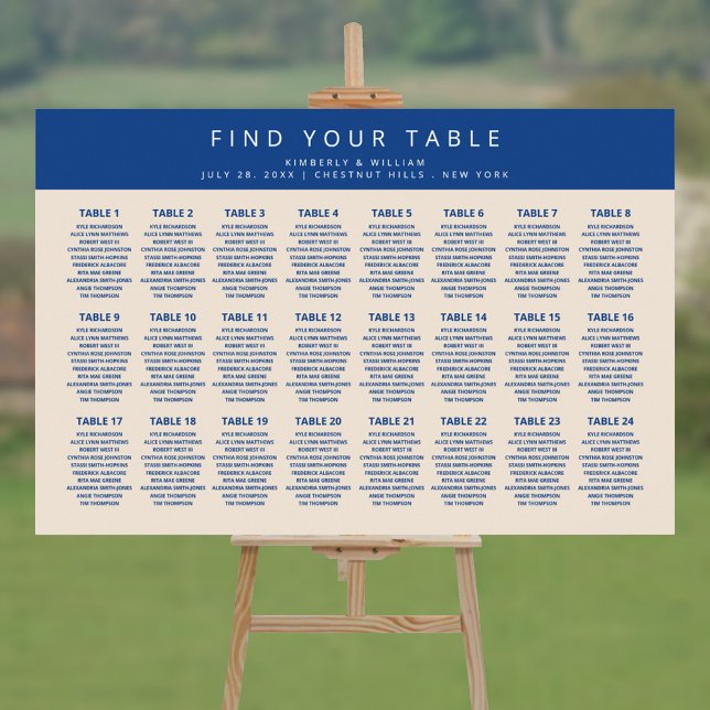 Marseille Bleu 24 Bord Chic Bröllop Poster (Marseille Bleu Modern Wedding Seating Chart for 24 tables / 240 guests)