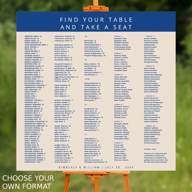 Marseille Bleu 300 Sittdiagram för gäster Bröllop Poster (Marseille Bleu Modern Wedding Seating Chart Alphabetical For Up To 300 Guests Choose Your Own Format)