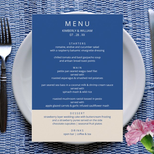 Marseille Bleu Bröllop Modern Rehearsal Middag Meny (Marseille Bleu Modern Wedding Menu - Custom Rehearsal Dinner Wedding Reception Menu Card )