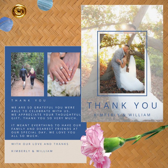 Marseille Bleu Chic 3 Photo Minimalist Bröllop Tack Kort (Marseille Bleu Modern Wedding Thank You Cards Custom 3 Photo Flat Cards)