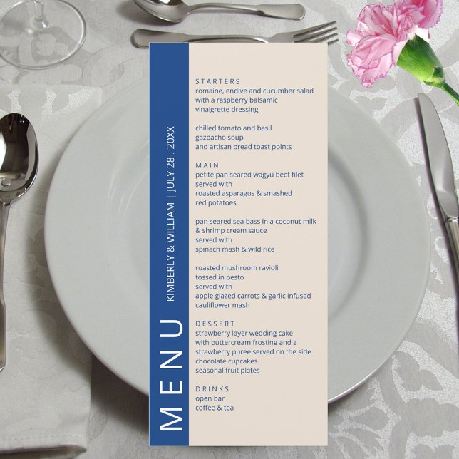 Marseille Bleu Modern Rehearsal Dinner Bröllop Meny (Marseille Bleu Modern Wedding Menu Card - Custom Wedding Reception Rehearsal Dinner Menu)