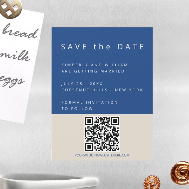 Marseille Bleu Unik QR-kod Spara datum enkelt Magnetisk Inbjudningskort (Marseille Bleu Modern Wedding Save The Date Magnetic Card With QR Code)