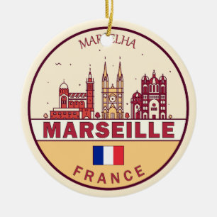 Marseille Frankrike City Skyline Emblem Julgransprydnad Keramik