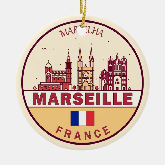 Marseille Frankrike City Skyline Emblem Julgransprydnad Keramik (Framsidan)