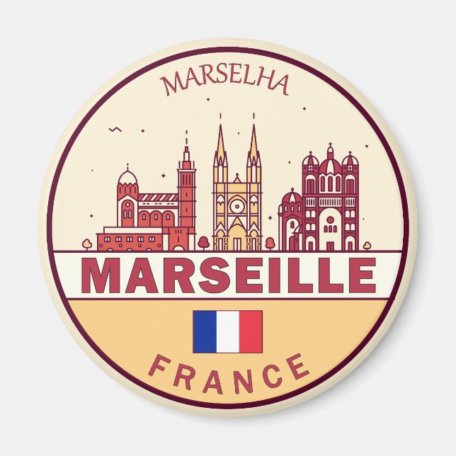Marseille Frankrike City Skyline Emblem Magnet (Framsidan)