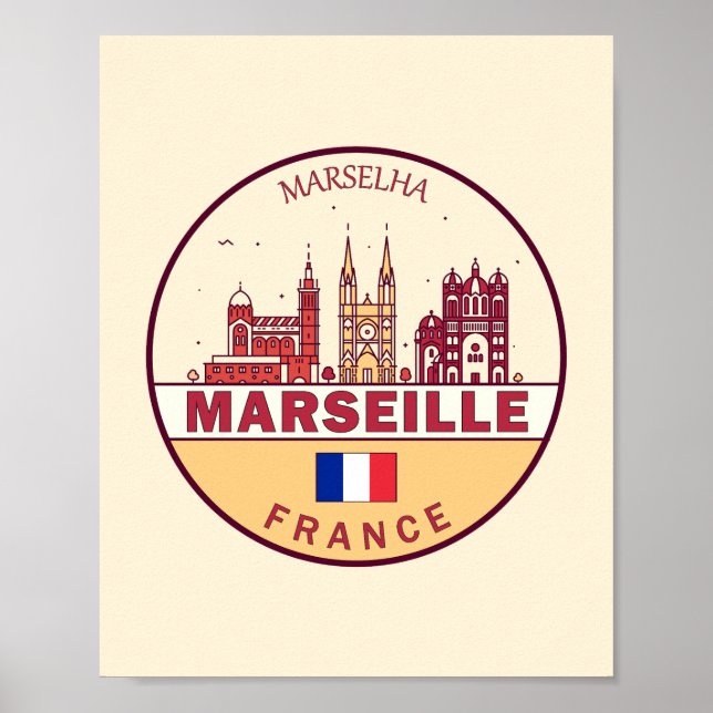 Marseille Frankrike City Skyline Emblem Poster (Framsidan)
