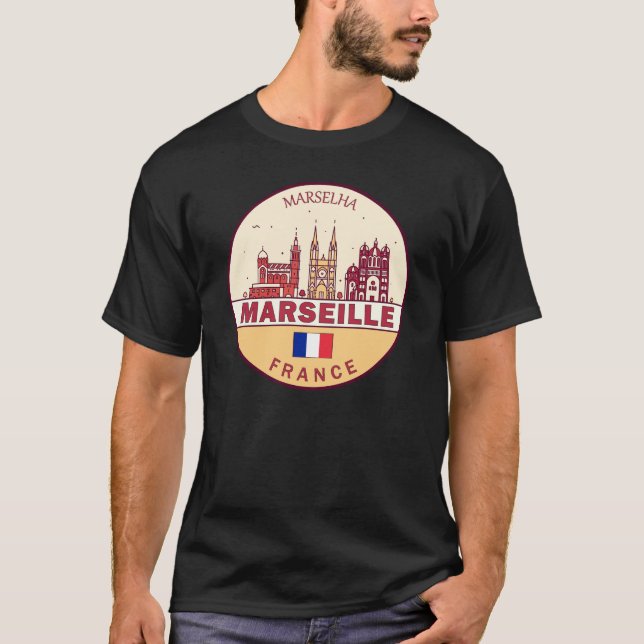 Marseille Frankrike City Skyline Emblem T Shirt (Framsida)