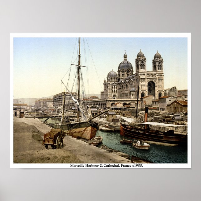 Marseilles Harbour & Cathedral 1900 antique Frankr Poster (Framsidan)