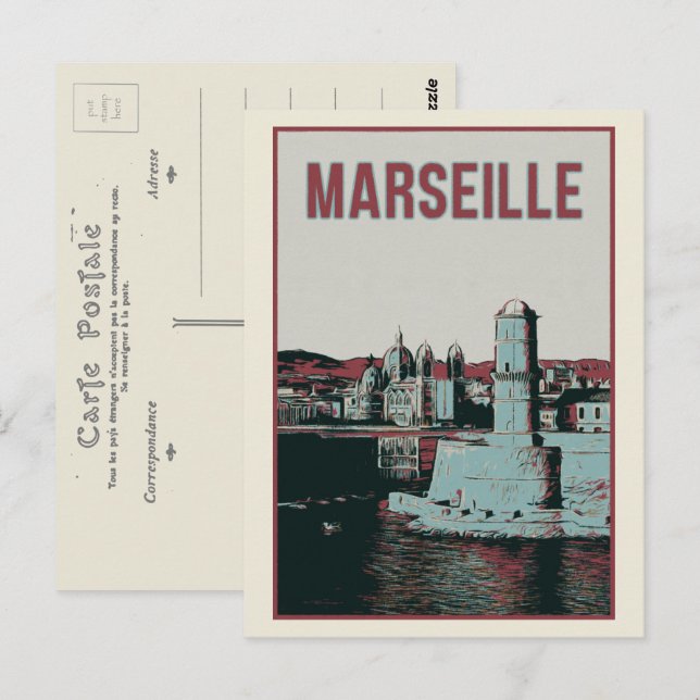 Marseilles katedral- och portillustration Frankrik Vykort (Fram/baksida)