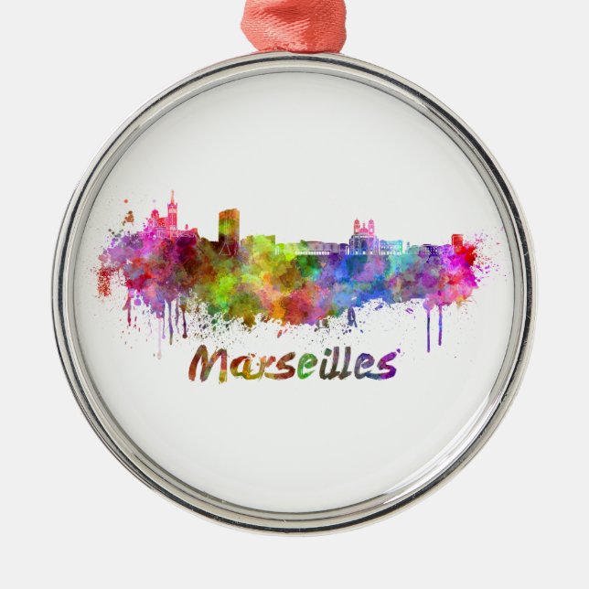 Marseilles skyline in watercolor julgransprydnad metall (Framsidan)