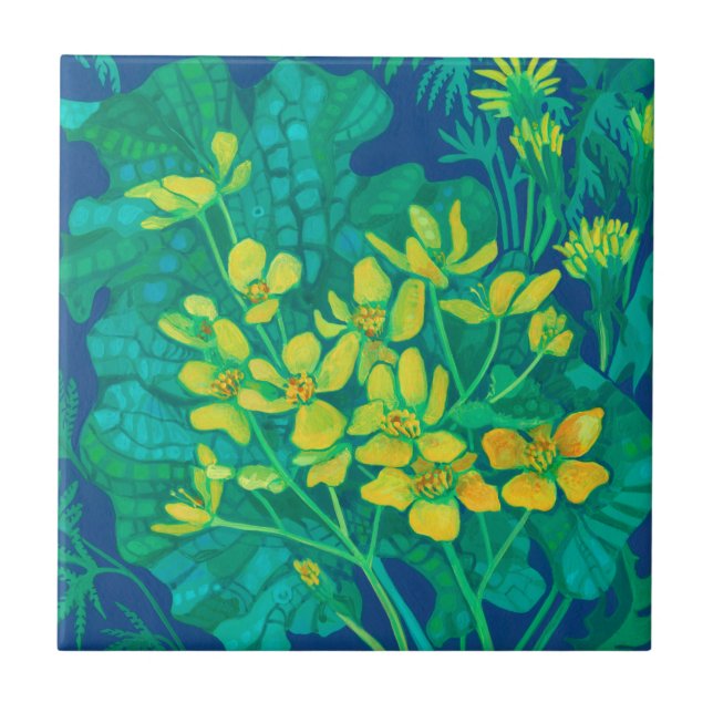 Marsh Marigold Summer Wildblommor Blommigt Paintin Kakelplatta (Framsidan)