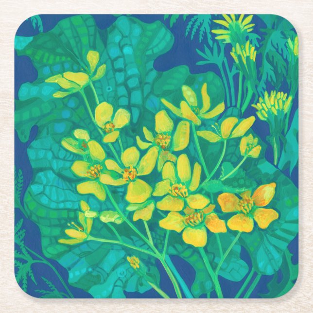 Marsh Marigold Summer Wildblommor Blommigt Paintin Underlägg Papper Kvadrat (Framsidan)