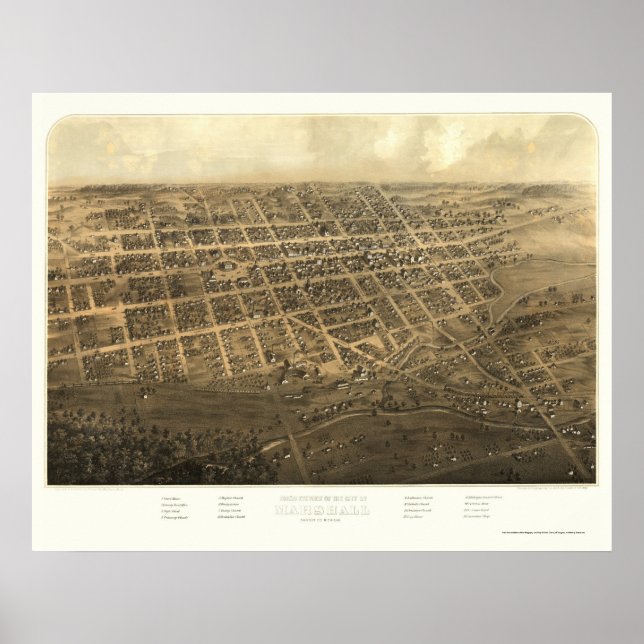 Marshall, MI Panoramic Karta - 1868 Poster (Framsidan)
