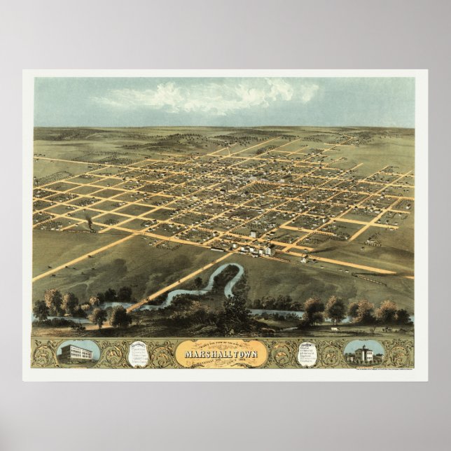 Marshalltown, IA Panoramic Karta - 1868 Poster (Framsidan)