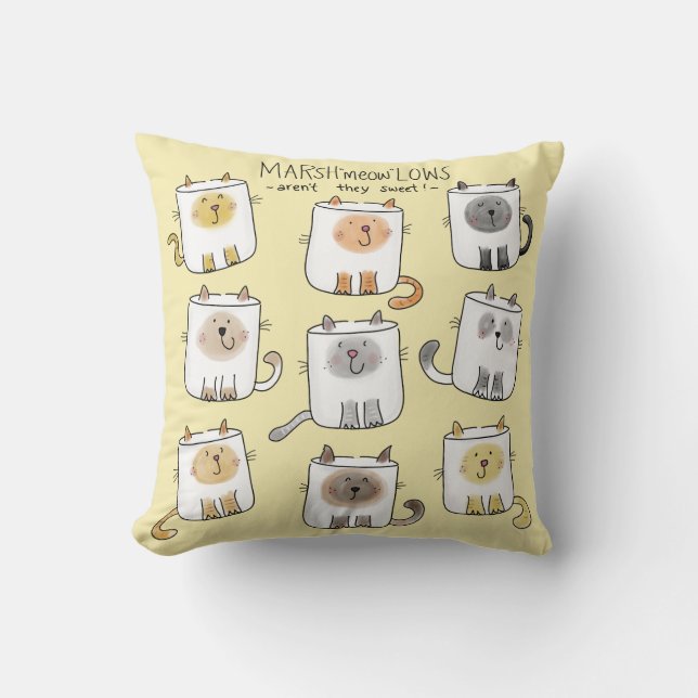 MARSHmeowLOWS Whimsical Ordlek Cat Marshmallow Kudde (Framsida)