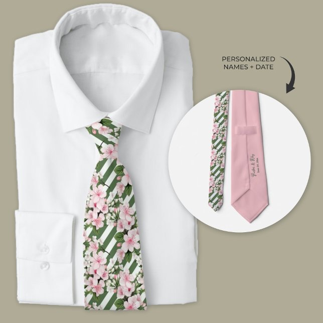 Marskalkar för Blommar av strimlad Cherry-Blommigt Slips (striped cherry blossom floral groomsmen necktie)