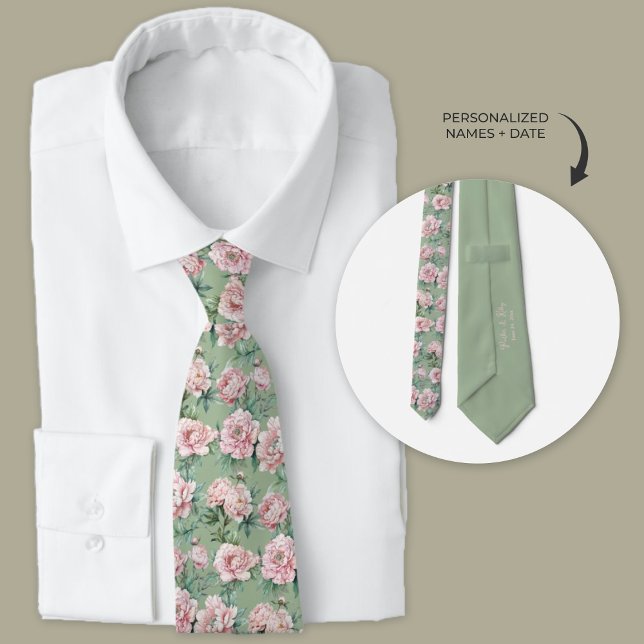 Marskalkar för Grönt och Rosa Peony Blommigt Slips (Personalized wedding necktie, sage green and pink peonies.)
