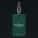 Marskalkar för modern skriptPersonlig Bagagebricka<br><div class="desc">Modern Script Personlig Marskalkars Luggage Tag med personlig Groomsmans namn i vitt modernt skriptteckensnitt stil med titel och bröllop datum i modernt sans serif-teckensnitt stil på bakgrundssidan för emerald grönt. Även perfekt för Maid of honor,  Flower Girl,  Budens mamma,  Marskalkar,  Best Man med mera.</div>