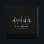 Marskalkar presenterar Monogram Wedding Favors Bes Minnesask<br><div class="desc">Den här snyggtens monogrammade groomsman-presentlåda innehåller marskalkarna namn, initialer, titel och datum i ett trendig, grått minimalistisk typografi. Lägg helt enkelt till namnen på marskalkarna, deras initialer, titel och datum i personaliseringsavdelningen för att skapa dina egna bröllopsfavörer. Även om det här visas som en presentlåda för en groomsman, kan du...</div>