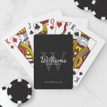 Marskalkarna namn och Monogram för personlig Casinokort<br><div class="desc">Lägg till en personlig beröring till bröllop med personligens marskalkar. Den här presenten har personlig Groomsmans namn i det vita klassiska skriptteckensnittet stil med bröllop-detaljer i det vita klassiska serif-teckensnittet stil och monogram i grått Classic serif font stil som bakgrund, på svart bakgrund. Perfekt för den bäste mannen, far av...</div>