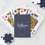 Marskalkarna namn och Monogram för personlig Casinokort<br><div class="desc">Lägg till en personlig beröring till bröllop med personligens marskalkar. Den här presenten har personlig Groomsmans namn i det vita klassiska skripttypsnittet stil med bröllop-detaljer i det vita klassiska serif-typsnittet stil och monogram i det ljusblå klassiska serif-typsnittet stil som bakgrund på marin blå bakgrund. Perfekt för den bäste mannen, far...</div>