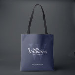 Marskalkarna namn och Monogram för personlig Tygkasse<br><div class="desc">Lägg till en personlig beröring till bröllop med personligens marskalkar i väskan. Den här väskan har personlig Groomsmans namn i det vita klassiska skripttypsnittet stil med uppgifter om bröllop i det vita klassiska serif-typsnittet stil och monogram i det ljusblå klassiska serif-typsnittet stil som bakgrund, i marin blå bakgrund. Även perfekt...</div>