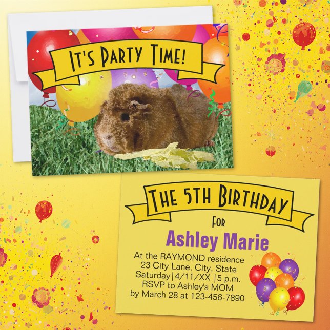 Marsvin Ballonger Barn 5-års Födelsedagsfest Inbjudningar (Guinea pig & balloon party invitation template.)