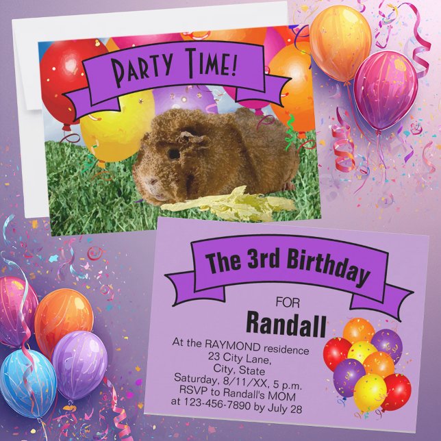 Marsvin Barn 3-års födelsedagsfest ballonger Inbjudningar (Guinea pig & balloon party invitation template predominantly purples for kid's special occasion.)