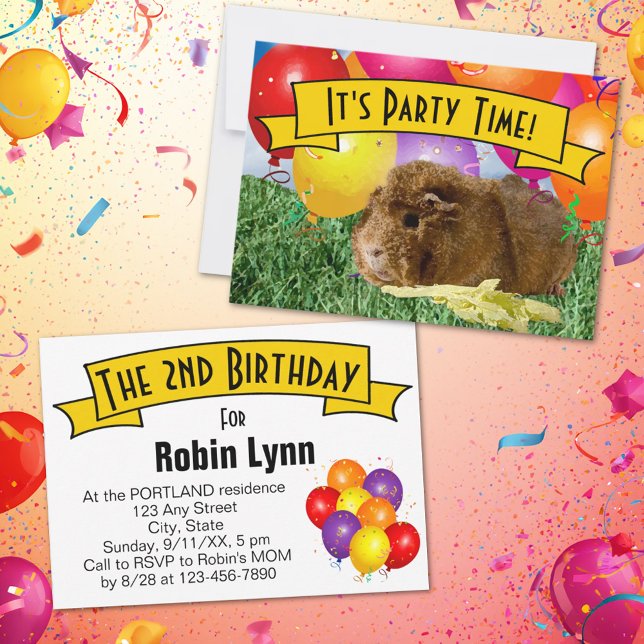 Marsvin Barnens 2-års födelsedagsfirande ballonger Inbjudningar (Guinea pig birthday party invitation template.)