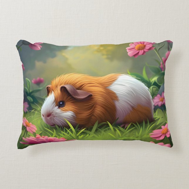 Marsvin Bland Rosa Blommor Prydnadskudde (Framsidan)