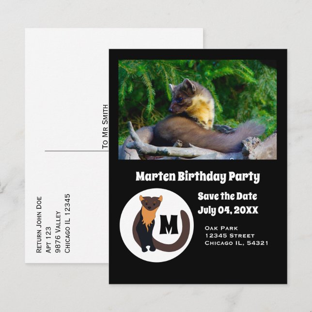 Marten Födelsedagsfest Photo Monogram Inbjudan Vykort (Fram/baksida)